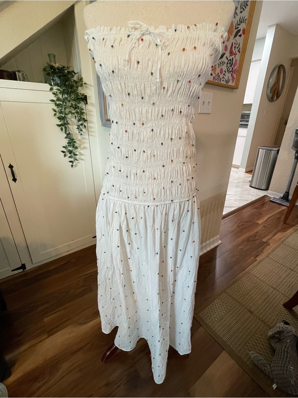 Zara White Smocked Strapless Maxi Dress with Multicolor Pom Poms Sz M